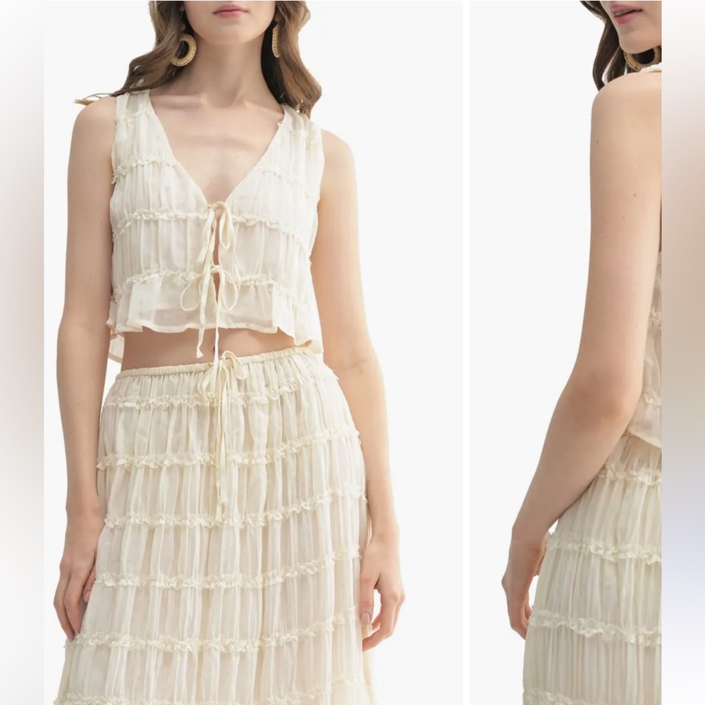 Lush Cream Tiered Ruffle Maxi Set - Cropped Tie Front Top & Skirt